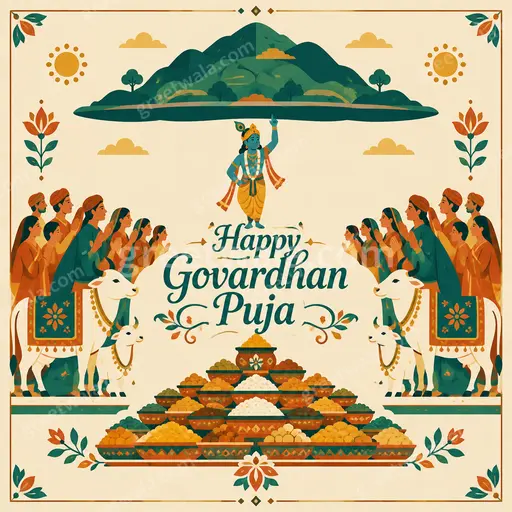 Modern flat vector card with joyful festive mood, Krishna lifting Govardhan hill, cows, and Happy Govardhan Puja text.