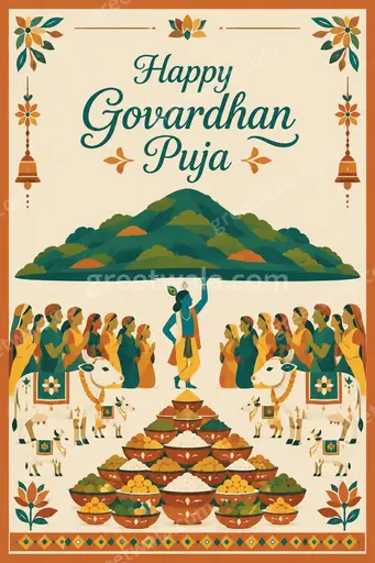 Joyful flat vector card with Govardhan hill, cows and devotees in vibrant modern colors wishing Happy Govardhan Puja.