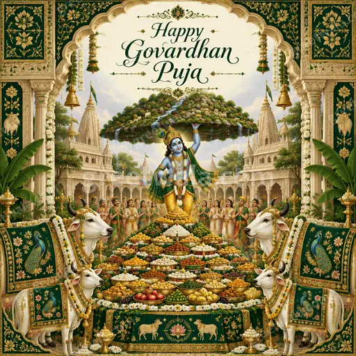 Ornate traditional Happy Govardhan Puja card with divine motifs, warm festive glow, and reverent celebratory mood.