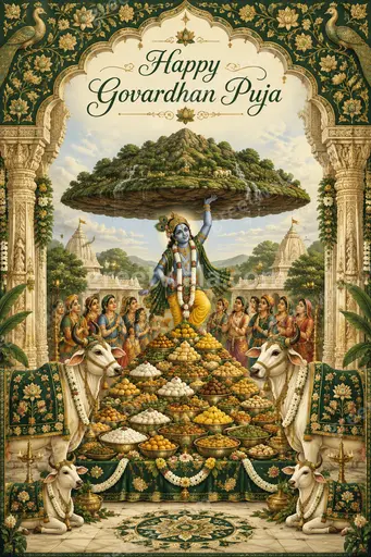 Ornate traditional card with Happy Govardhan Puja text in warm festive tones and divine elegant decorations.