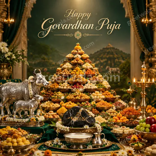 Premium Govardhan Puja card displaying Happy Govardhan Puja with divine Krishna, hill, cows in radiant festive style.