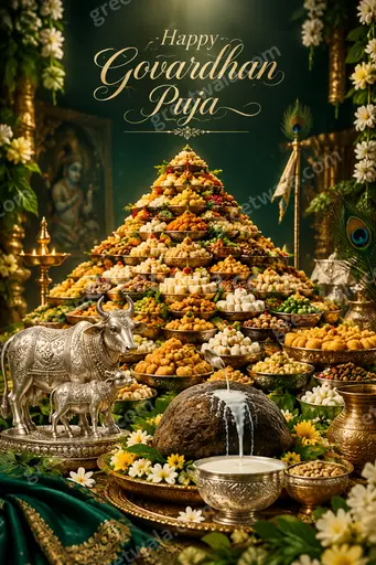 Premium Happy Govardhan Puja card featuring Krishna lifting hill amid cows and diyas in warm devotional festive glow.
