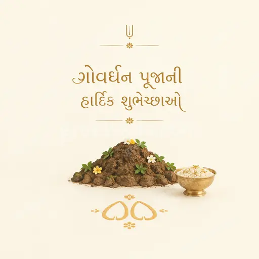 Elegant minimal Gujarati Govardhan Puja card displaying 'ગોવર્ધન પૂજાની હાર્દિક શુભેચ્છાઓ' with serene golden festive calm.