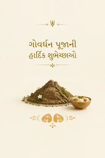 Elegant minimal Govardhan Puja card with Gujarati greeting in serene gold, evoking devotion, peace and festive grace.