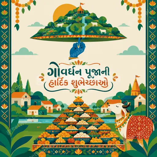 Modern flat vector Govardhan Puja card in warm festive tones showing Govardhan hill, cows, diyas and Gujarati greeting elegantly.