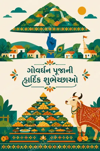 Cheerful modern flat vector Govardhan Puja card in Gujarati with vibrant festive illustration, warm devotional joyful mood.