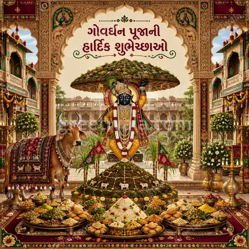 Ornate traditional Govardhan Puja greeting card in warm festive tones displaying Gujarati wishes with elegant devotional decoration.