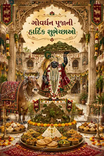 Ornate traditional Govardhan Puja greeting card in warm festive tones with elegant Gujarati text and devotional decorative details.