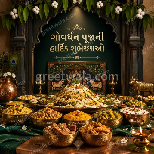 Premium Gujarati Govardhan Puja card displaying “ગોવર્ધન પૂજાની હાર્દિક શુભેચ્છાઓ” in divine radiant festive style with devotional warmth.