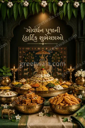 Premium Govardhan Puja card with radiant Govardhan hill, glowing diyas and divine festive warmth in elegant style.