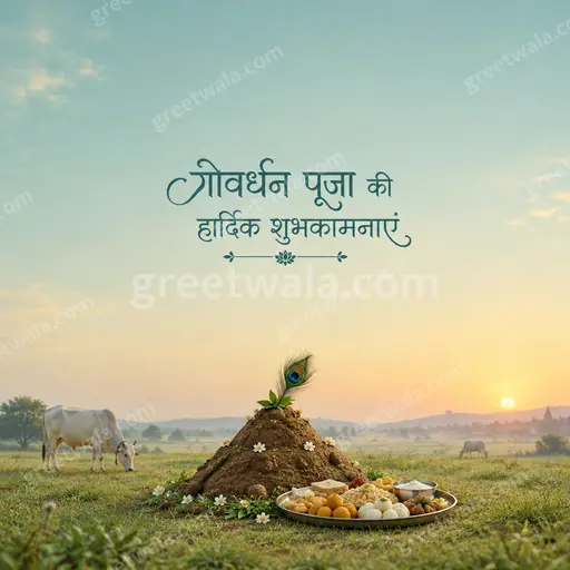 Elegant minimal Govardhan Puja card with serene earthy tones, Govardhan hill motif and golden Hindi greeting.