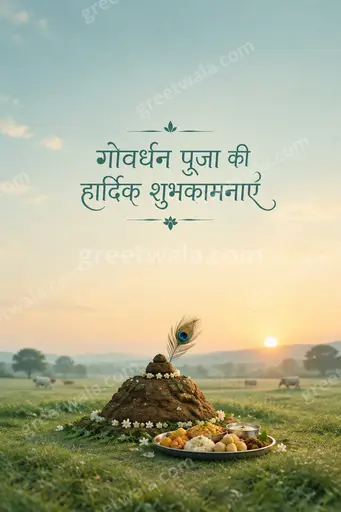 Elegant minimal Govardhan Puja card displaying Hindi wishes in serene earthy tones with deity hill and glowing diyas.