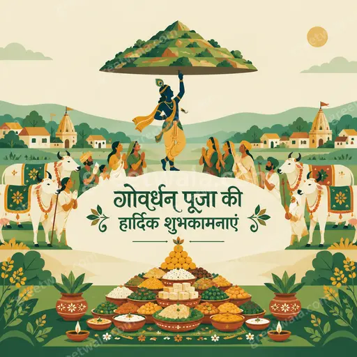 Modern flat vector card displaying 'गोवर्धन पूजा की हार्दिक शुभकामनाएं' in warm joyful devotional festive evergreen style.