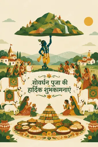 Modern flat vector card with joyful festive mood, featuring Govardhan hill, cows, diyas, and Hindi greeting text.