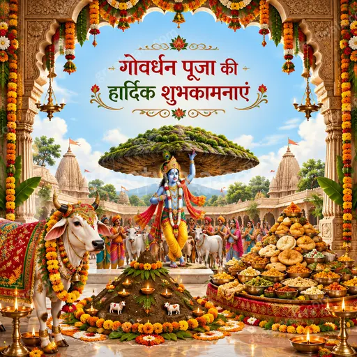 Ornate traditional Govardhan Puja card displaying 'गोवर्धन पूजा की हार्दिक शुभकामनाएं' in warm divine festive style.