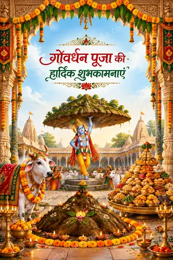 Ornate traditional Govardhan Puja card glowing with festive devotion, displaying 'गोवर्धन पूजा की हार्दिक शुभकामनाएं' in elegant Hindi script.