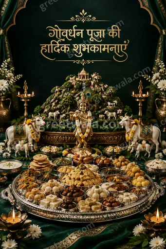 Premium Hindi Govardhan Puja card displaying 'गोवर्धन पूजा की हार्दिक शुभकामनाएं' with divine, festive, devotional grandeur.