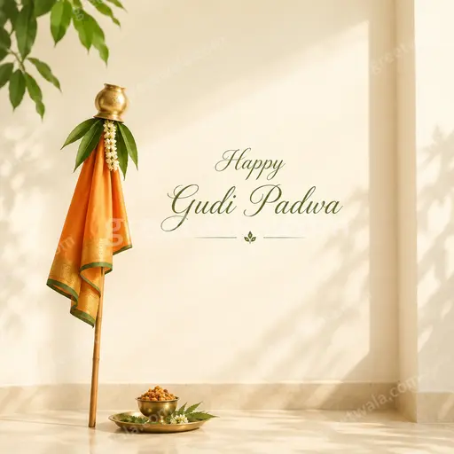 Elegant minimal card displaying Happy Gudi Padwa with graceful Gudi, marigolds, soft gold tones exuding festive serenity.
