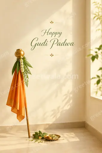 Elegant minimal card with Happy Gudi Padwa text, soft festive glow, graceful Gudi motif and serene celebratory mood.