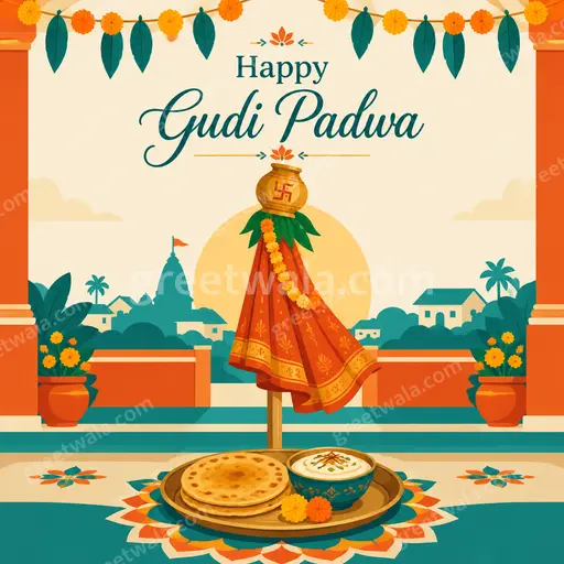 Modern flat vector card with joyful Happy Gudi Padwa greeting, vibrant festive torans, gudi flag, and warm celebratory elegance.