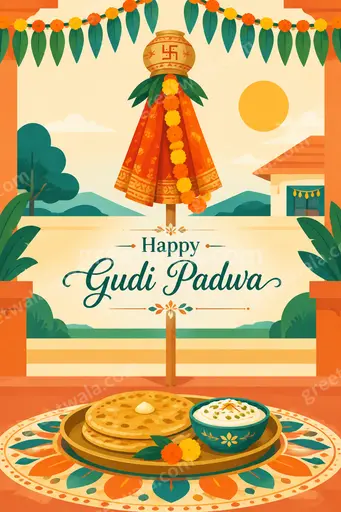 Cheerful modern flat vector card with vibrant Gudi, festive motifs, and Happy Gudi Padwa greeting in elegant type.