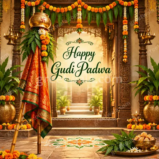 Ornate traditional Happy Gudi Padwa card with golden gudi, marigolds, toran, and festive elegant celebratory mood.