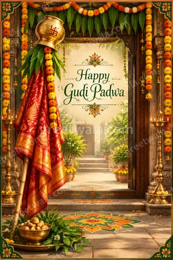 Ornate traditional card displaying Happy Gudi Padwa with vibrant festive motifs in joyful auspicious celebration style.