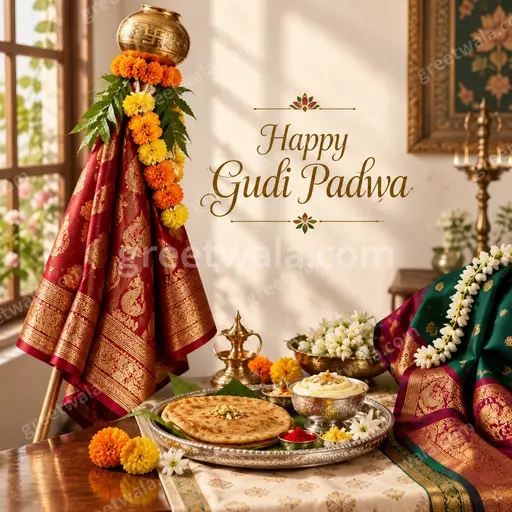 Premium elegant card displaying Happy Gudi Padwa with vibrant Gudi, marigolds, and golden sunrise radiating festive prosperity.