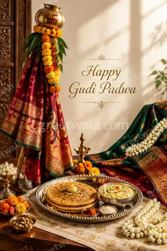 Premium card showcasing Happy Gudi Padwa in elegant gold lettering amid marigold garlands and festive sunrise glow.