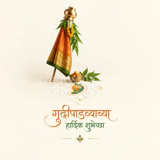 Elegant minimal Marathi Gudi Padwa card displaying गुढीपाडव्याच्या हार्दिक शुभेच्छा with serene festive grace.