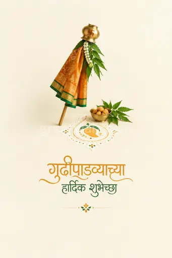Elegant minimal Gudi Padwa card displaying गुढीपाडव्याच्या हार्दिक शुभेच्छा with serene festive warmth and refined traditional accents.