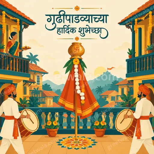 Vibrant modern flat vector Gudi Padwa card with festive gudi, torans and Marathi greeting in joyful auspicious style.