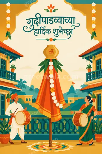 Modern flat vector Gudi Padwa card displaying गुढीपाडव्याच्या हार्दिक शुभेच्छा with festive Gudi, marigold, joyful vibrant Maharashtrian mood.