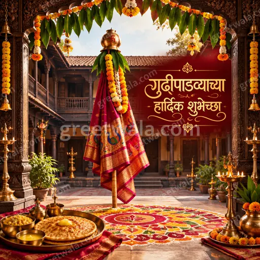 Ornate traditional Gudi Padwa card featuring Marathi greeting in elegant script with festive joyful celebratory charm.
