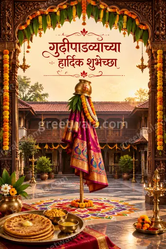 Ornate traditional Gudi Padwa card displaying 'गुढीपाडव्याच्या हार्दिक शुभेच्छा' with golden festive motifs evoking joy and prosperity.