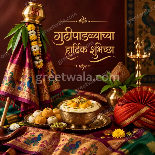 Premium Marathi Gudi Padwa showcase card displaying 'गुढीपाडव्याच्या हार्दिक शुभेच्छा' with festive elegant traditional golden accents.