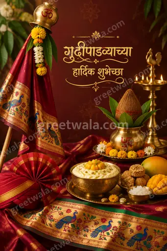 Premium Marathi Gudi Padwa card radiating festive joy with elegant golden gudi, mango leaves, vibrant traditional Maharashtrian motifs.