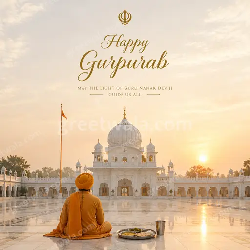 Elegant minimal card glowing with serene golden light, graceful Ik Onkar motif, conveying peaceful devotion and warm Happy Gurpurab wishes.