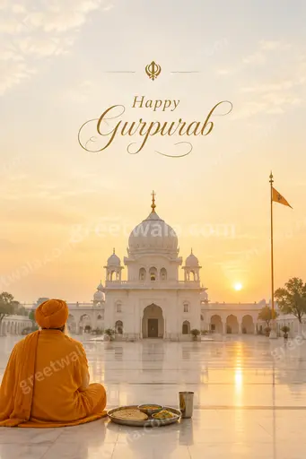 Elegant minimal Gurpurab card with soft golden glow, serene temple silhouette, and Happy Gurpurab in graceful lettering.