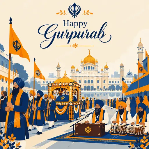 Modern flat vector card featuring serene golden gurdwara, glowing diyas, and Happy Gurpurab text in peaceful celebratory mood.