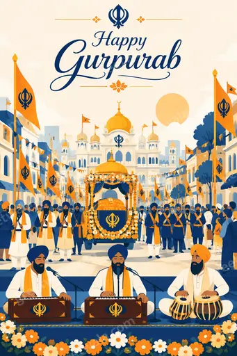 Modern flat vector card with serene golden temple glow, peaceful Sikh symbols, and Happy Gurpurab greeting in elegant style.