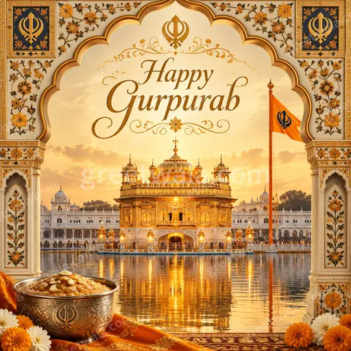 Ornate traditional card glowing with golden temple motifs, serene blue hues, radiating peace, devotion, and joyful Happy Gurpurab blessings.