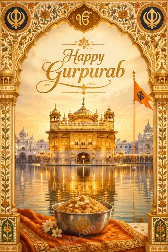 Ornate traditional Guru Nanak Gurpurab card in English with Happy Gurpurab greeting, serene golden glow and reverent festive mood.