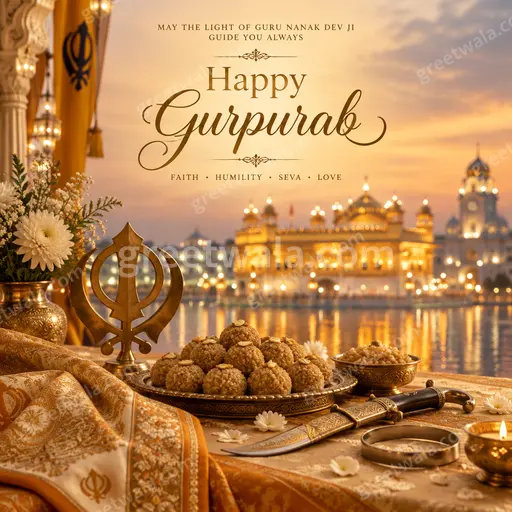 Elegant golden temple illustration with serene sunrise glow, sacred Ik Onkar aura, and Happy Gurpurab calligraphy radiating peace.
