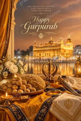 Premium serene Guru Nanak Gurpurab card featuring glowing Golden Temple and elegant Happy Gurpurab calligraphy in peaceful radiant tones.