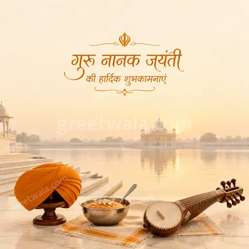 Elegant minimal Guru Nanak Gurpurab card displaying 'गुरु नानक जयंती की हार्दिक शुभकामनाएं' in serene golden peaceful blue style.
