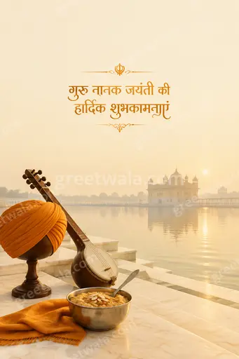 Elegant minimal Hindi card reading गुरु नानक जयंती की हार्दिक शुभकामनाएं with serene golden glow and peaceful divine elegance.