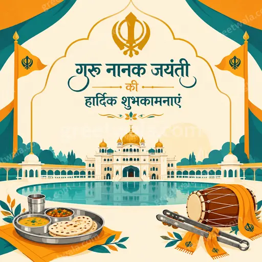 Serene flat vector Gurpurab card displaying 'गुरु नानक जयंती की हार्दिक शुभकामनाएं' with golden temple and peaceful glow.