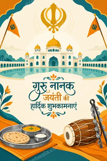 Modern flat vector Gurpurab card glowing warm gold and blue with serene Guru Nanak illustration and Hindi greeting.