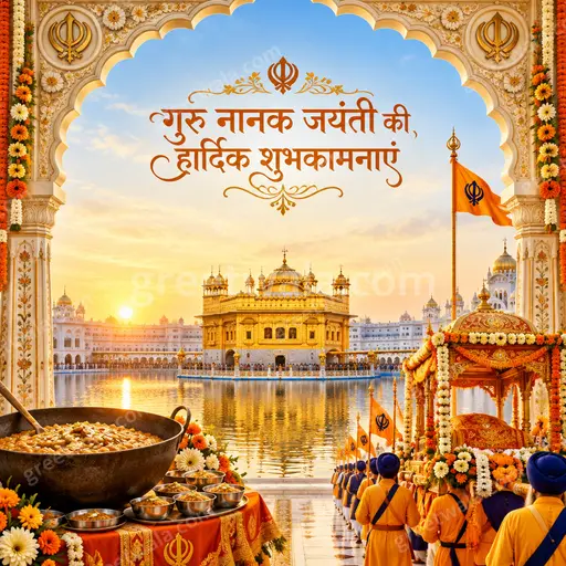 Ornate traditional card with glowing gurdwara, radiant divine light, golden accents and serene devotional festive mood.